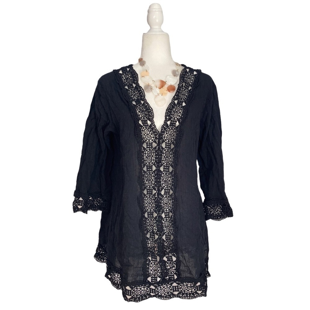 La Blanca Deep V Neck Lace Trim Semi Sheer Coverup